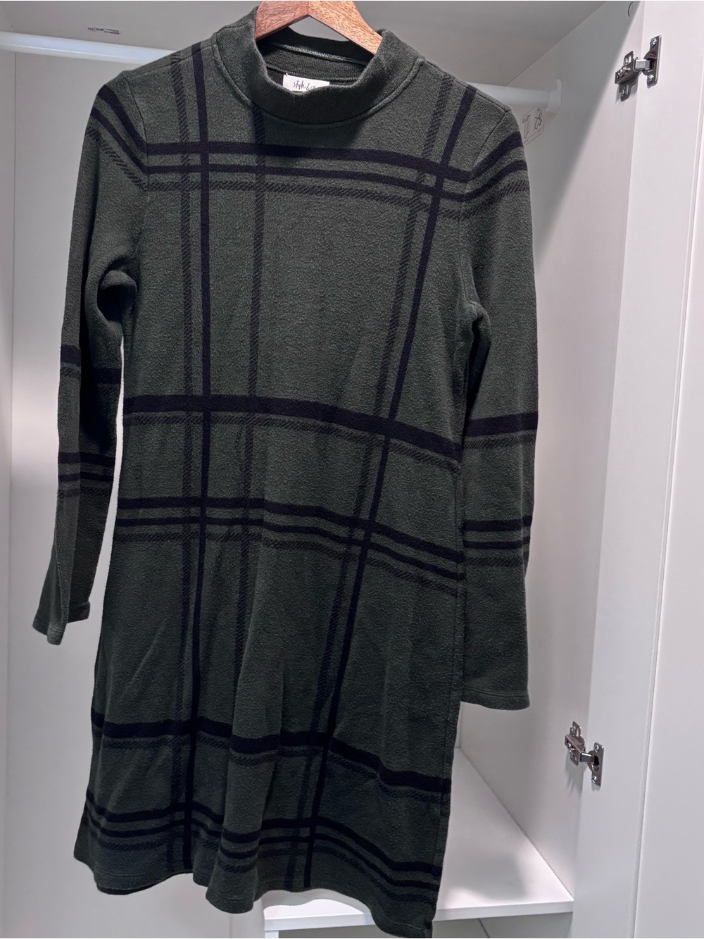 Plaid Long Sleeve Mock Neck Knit Dress - Green & Black Plaid - Cotton blend